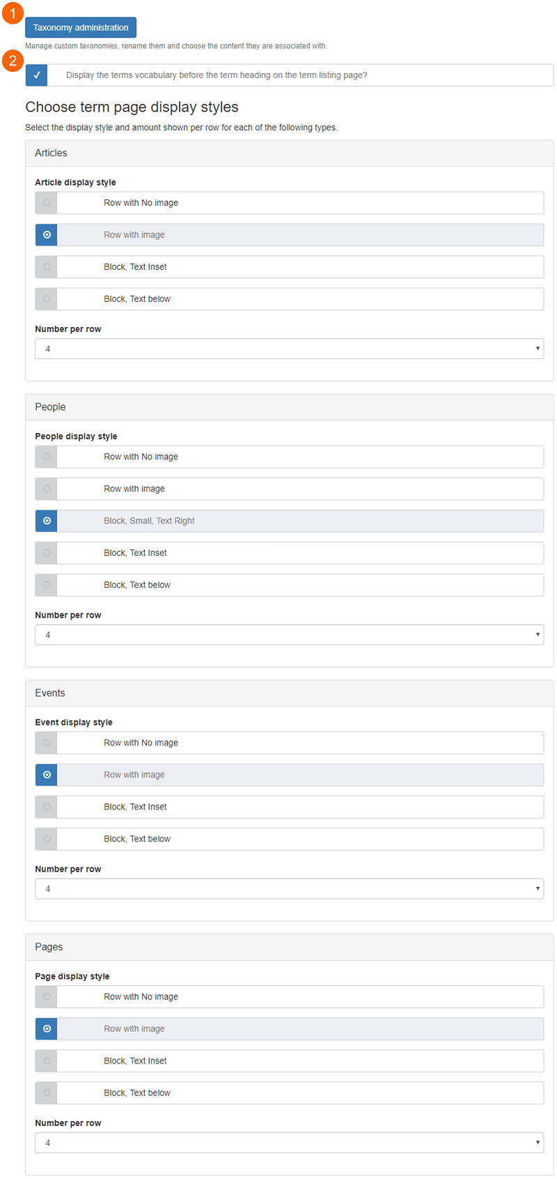 Taxonomies screen Taxonomies screen