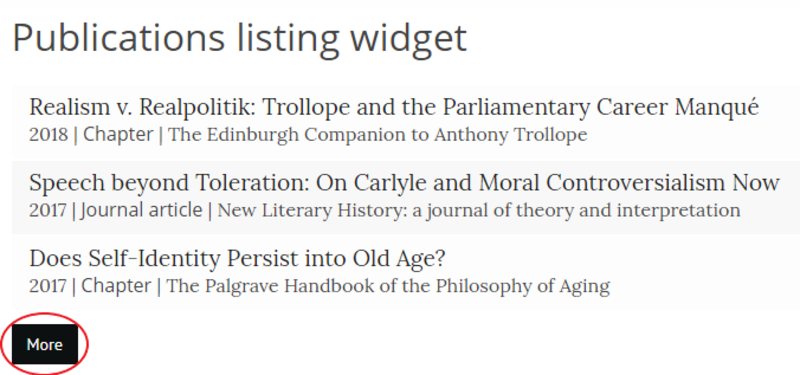 Screenshot of Publications listing widget with 'More' button circled